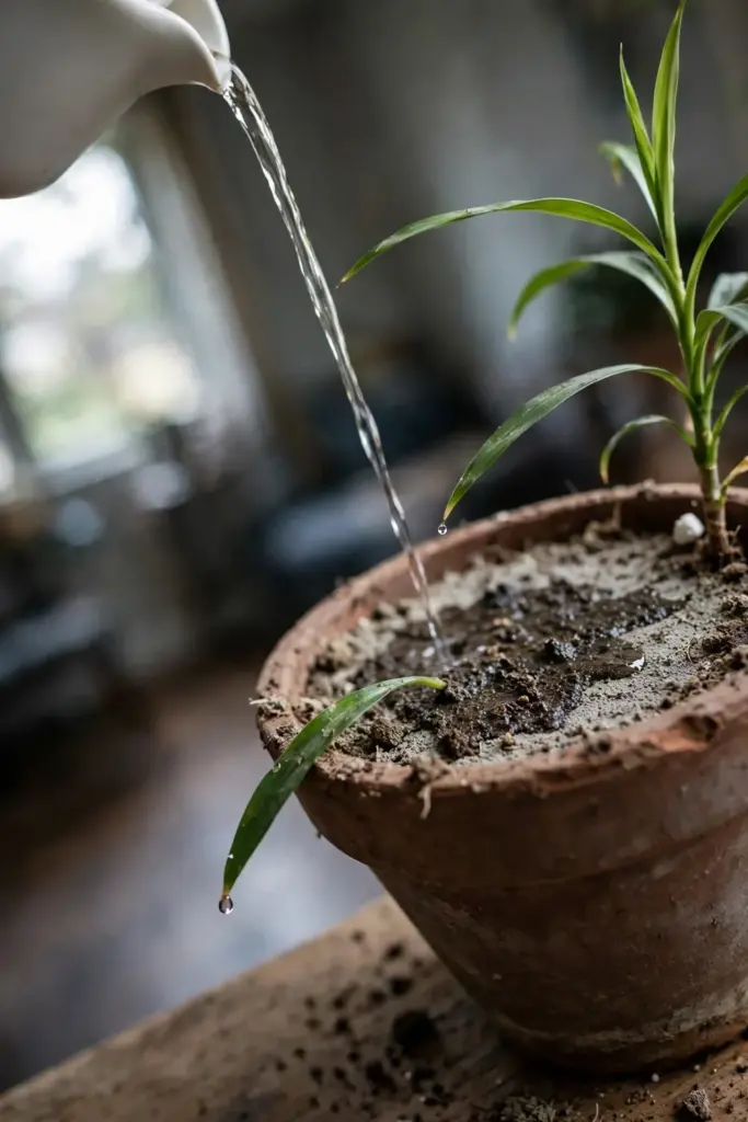 Water soaking into the dry top layer of a suji plant pot