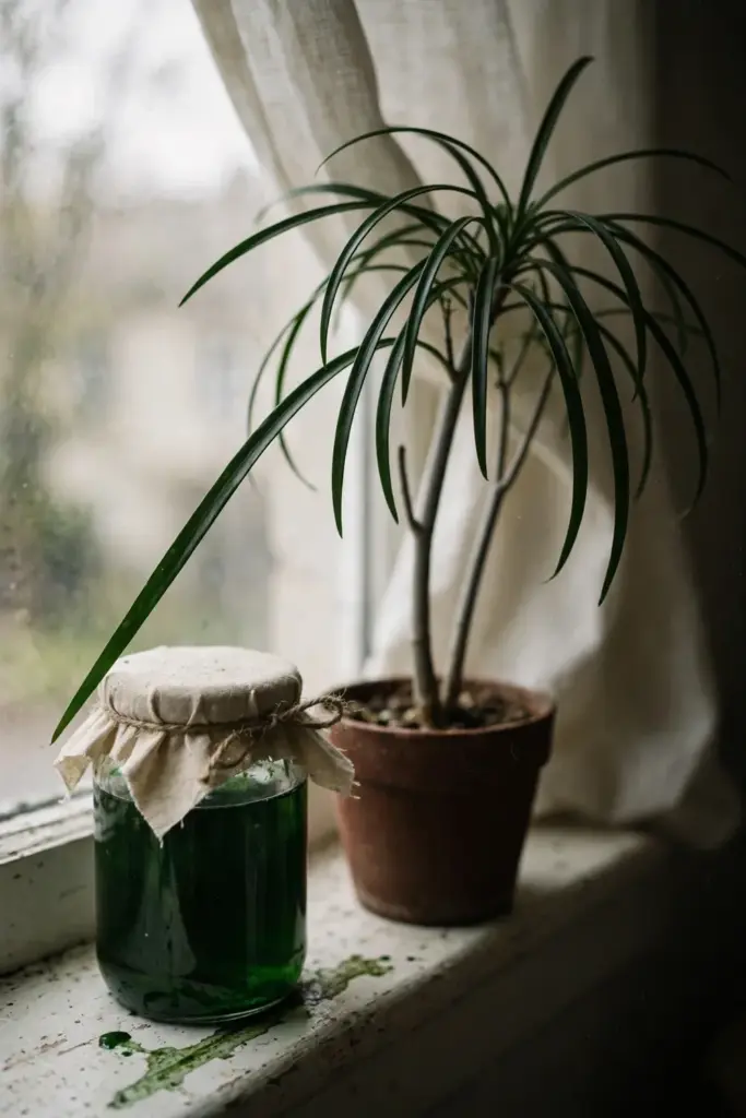A suji plant on a windowsill beside a jar of green dye
