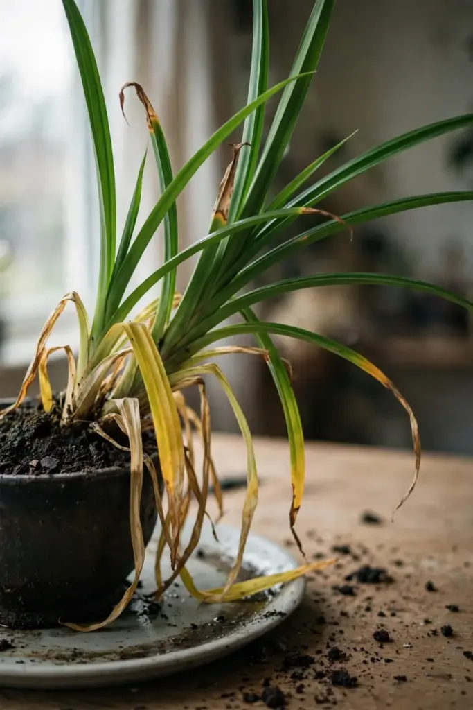 A suji plant with yellowing lower leaves and dry potting mix