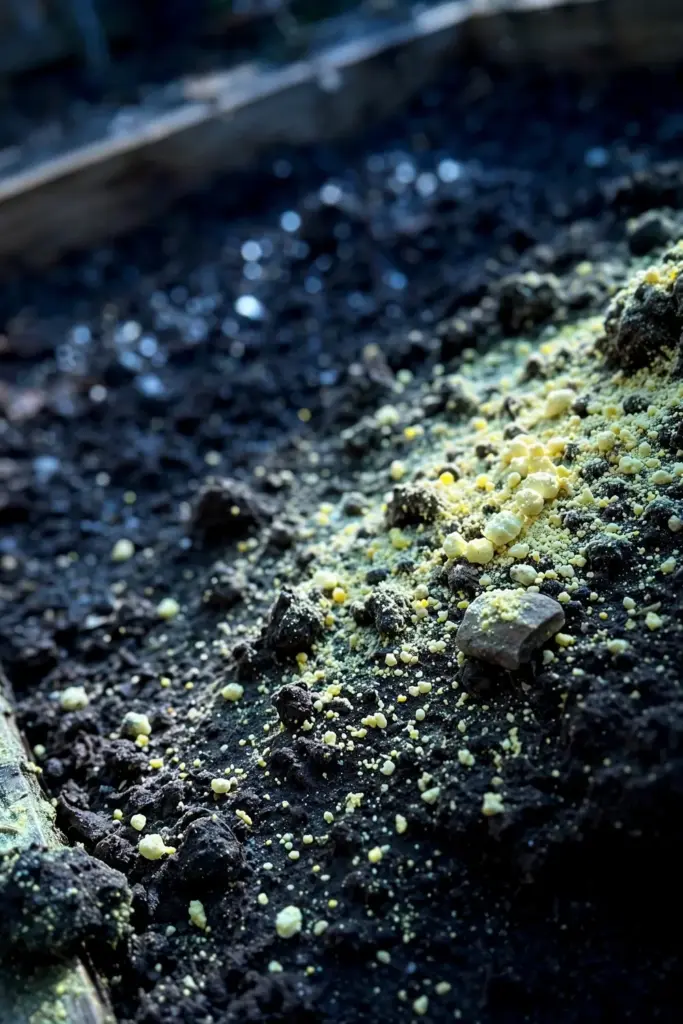 Pale yellow sulfur granules dusted across dark bed soil