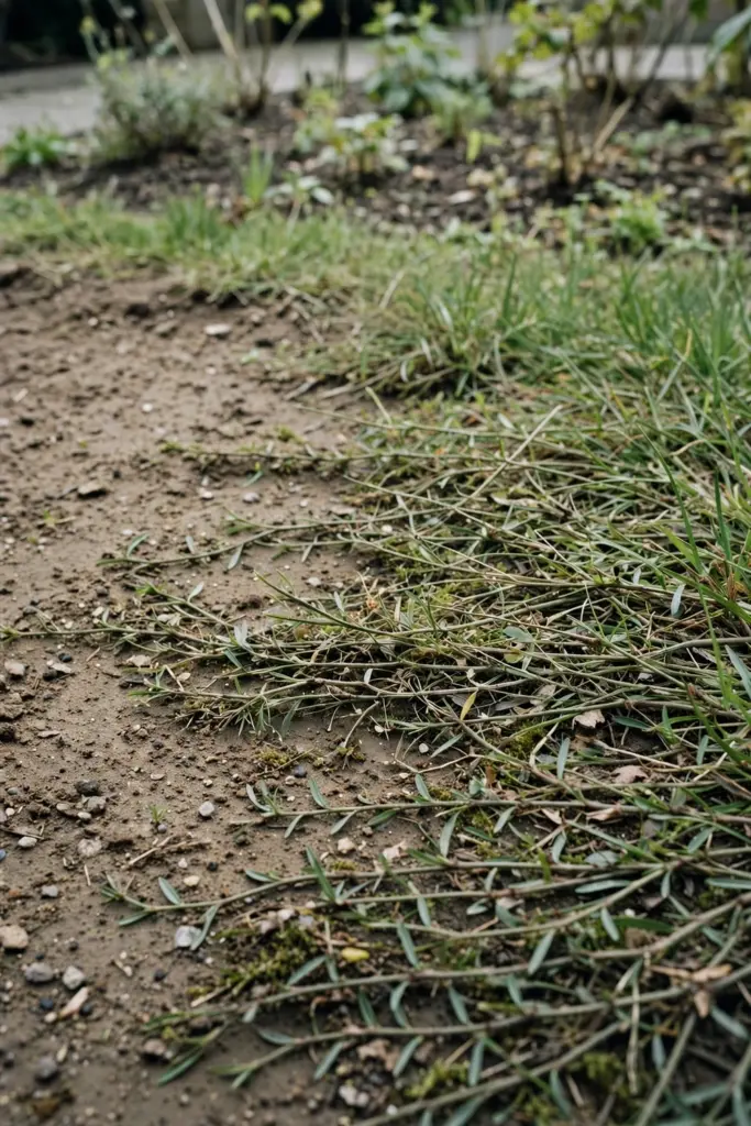 Summer grass patch sprawling on stolons across thin Couch turf