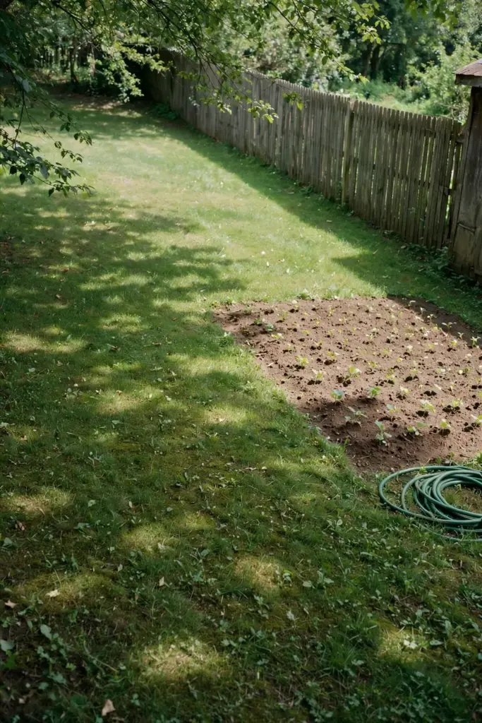 Sunny vegetable patch beside a shaded fence in a backyard