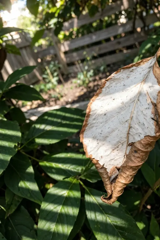 Bleached leaf patch in harsh sun beside shaded green leaves
