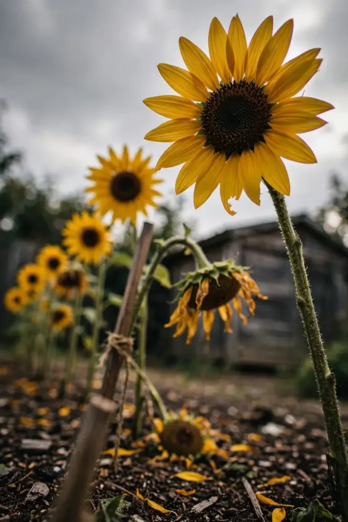 Row of pollenless sunflowers with golden petals in a cutting garden