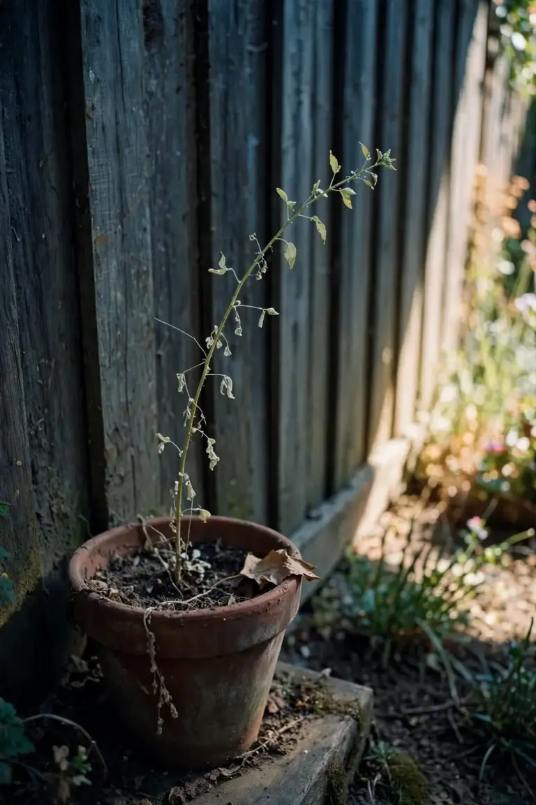 Sun-loving plant stalling in deep shade beside a fence