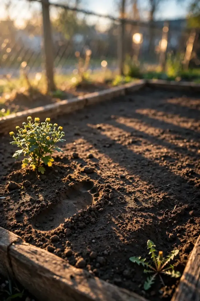 Newly planted mum in a sunny morning garden bed with dark soil