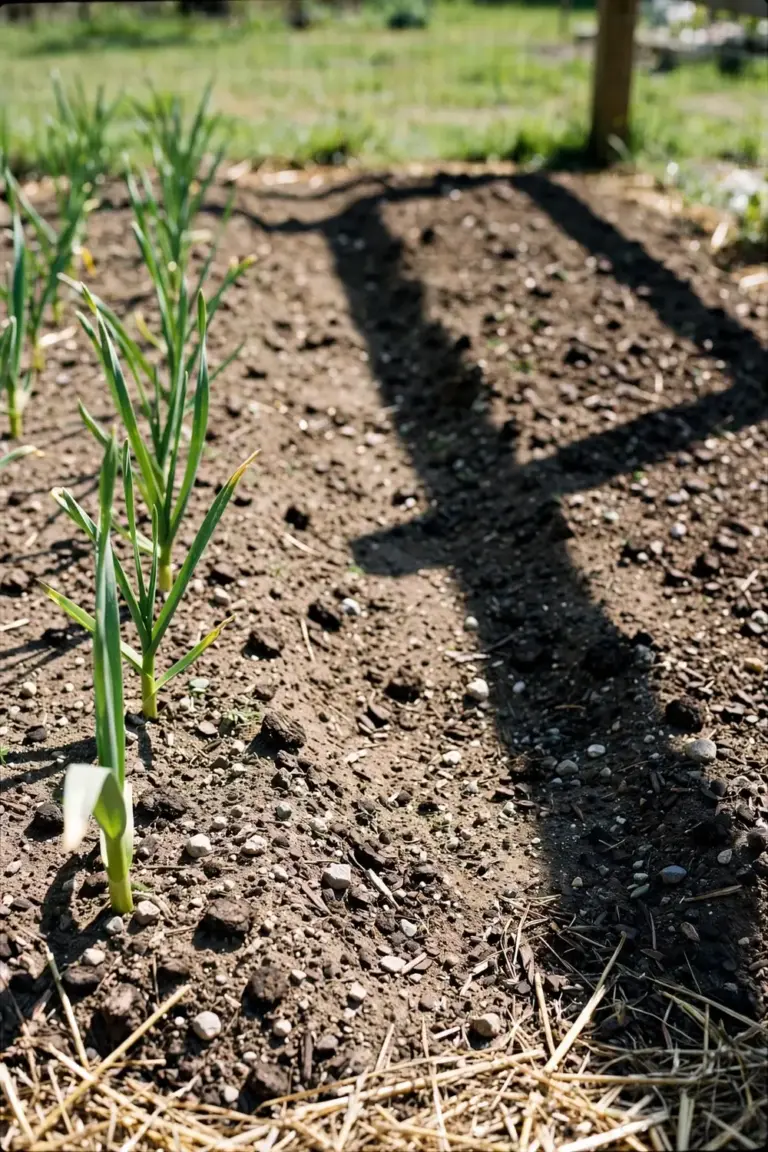 Sunny garlic bed with free-draining soil and compost