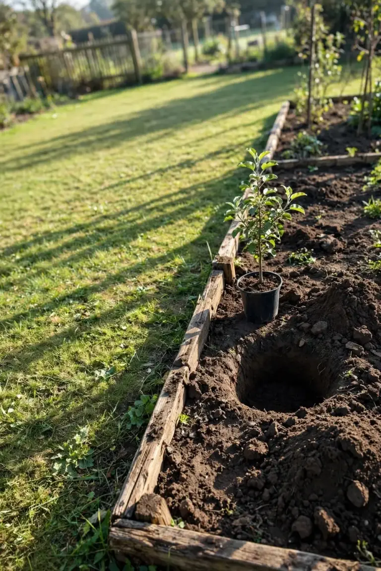 Sunny open garden bed with a test hole and a young apple tree waiting beside it