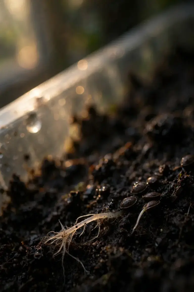 Forget-me-not seeds pressed on the soil surface with a sprout emerging