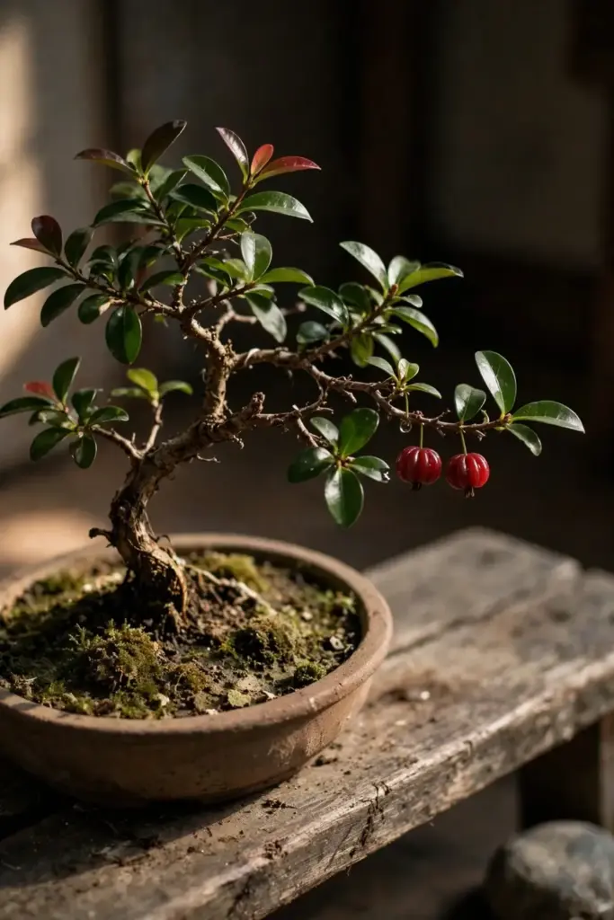 Surinam cherry bonsai with tiny red fruit in a shallow ceramic pot