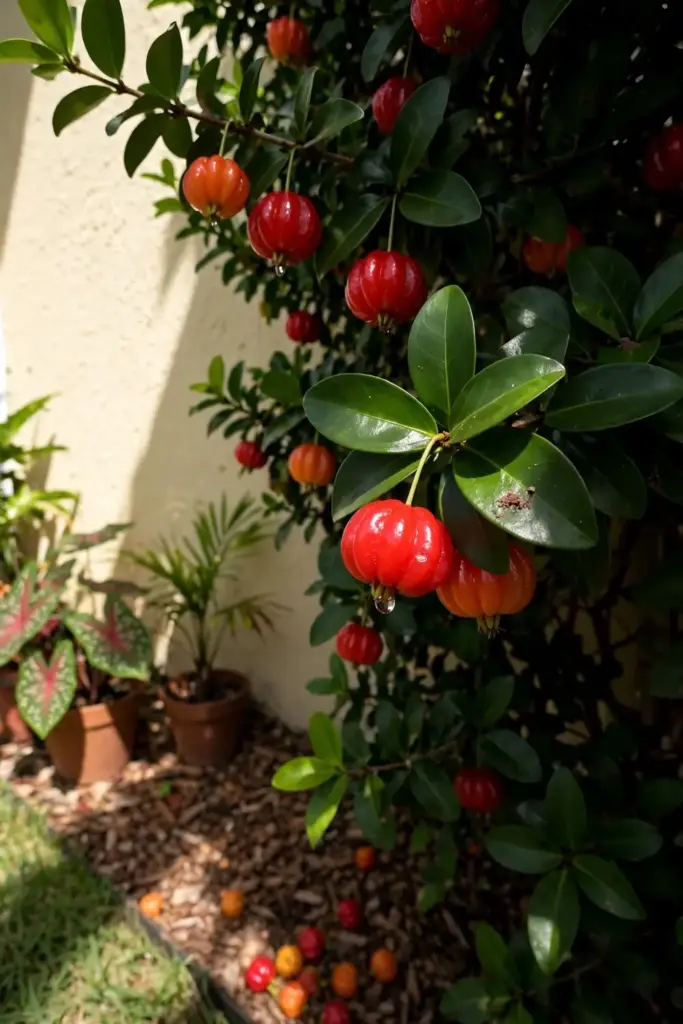 Surinam cherry shrub with red fruit growing against a sunny garden wall