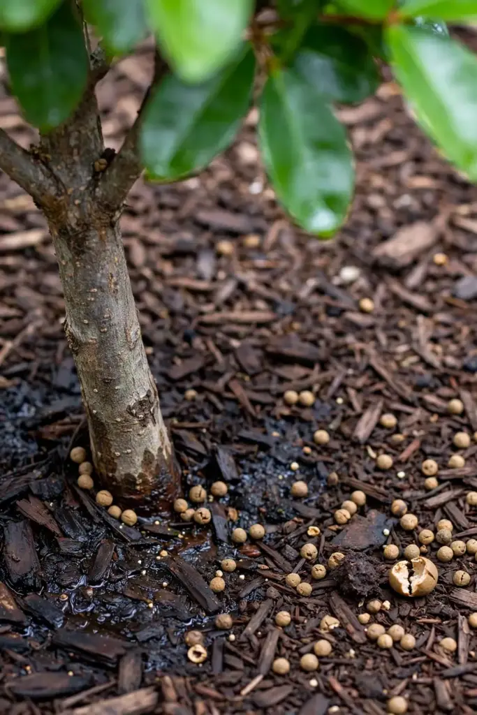 Slow-release fertilizer granules scattered on mulch around a Surinam cherry trunk