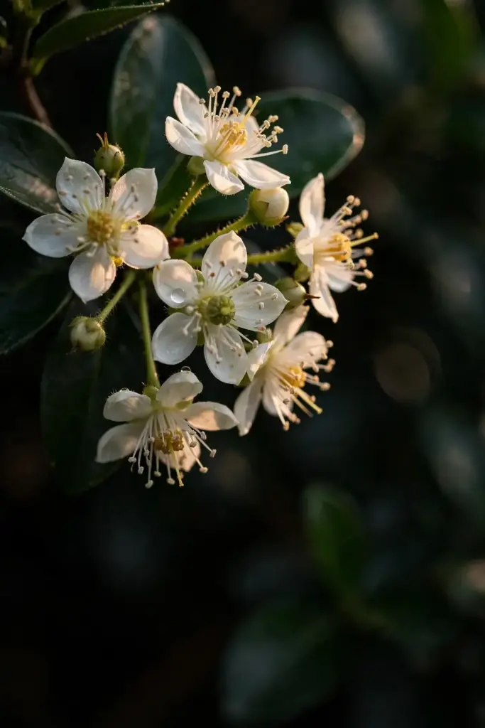Small white Surinam cherry blossoms with golden centers among glossy leaves