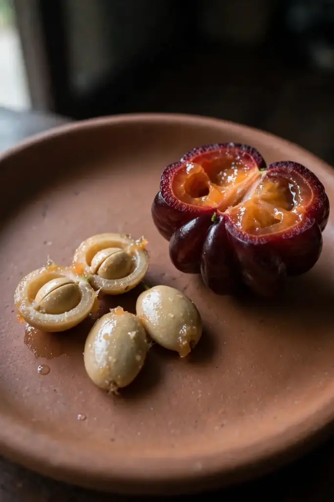 Fresh Surinam cherry seeds beside a halved ripe fruit on a terracotta saucer