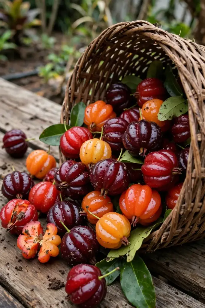 Woven basket overflowing with freshly picked ripe Surinam cherries