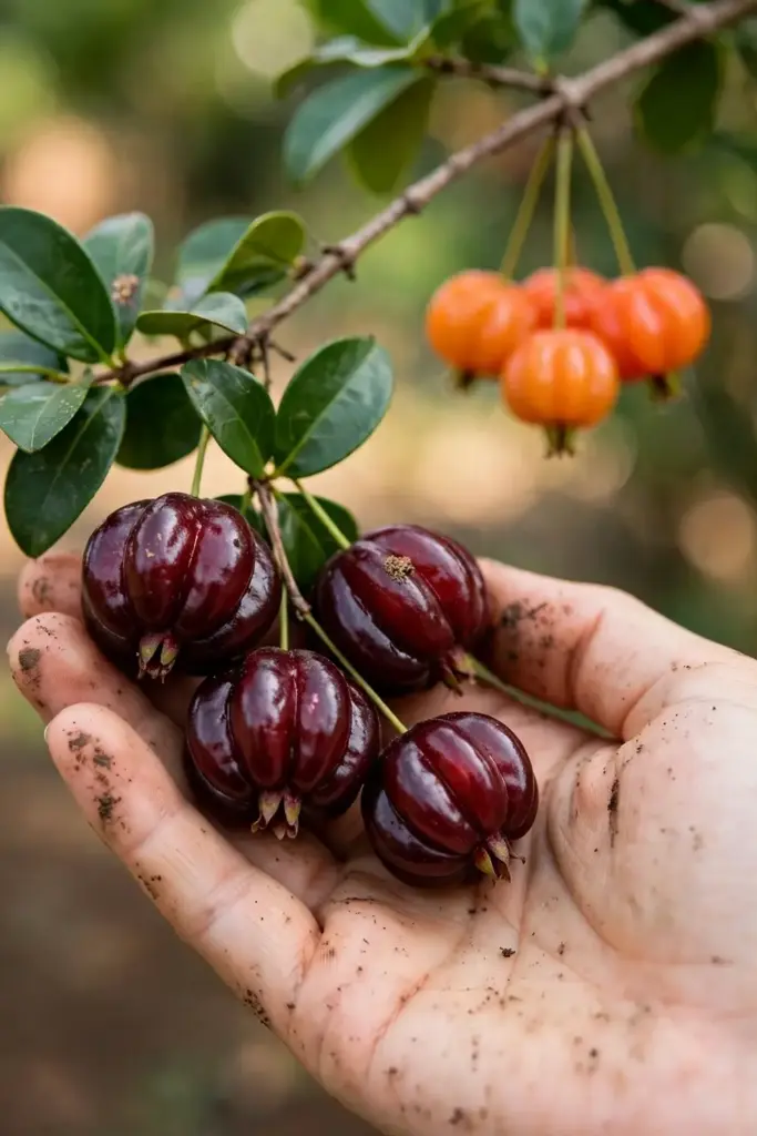 Hand cradling ripe Surinam cherries still on the branch at harvest