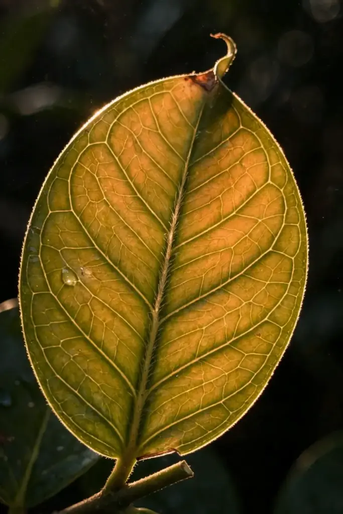 Backlit Surinam cherry leaf showing veins and glossy green tissue