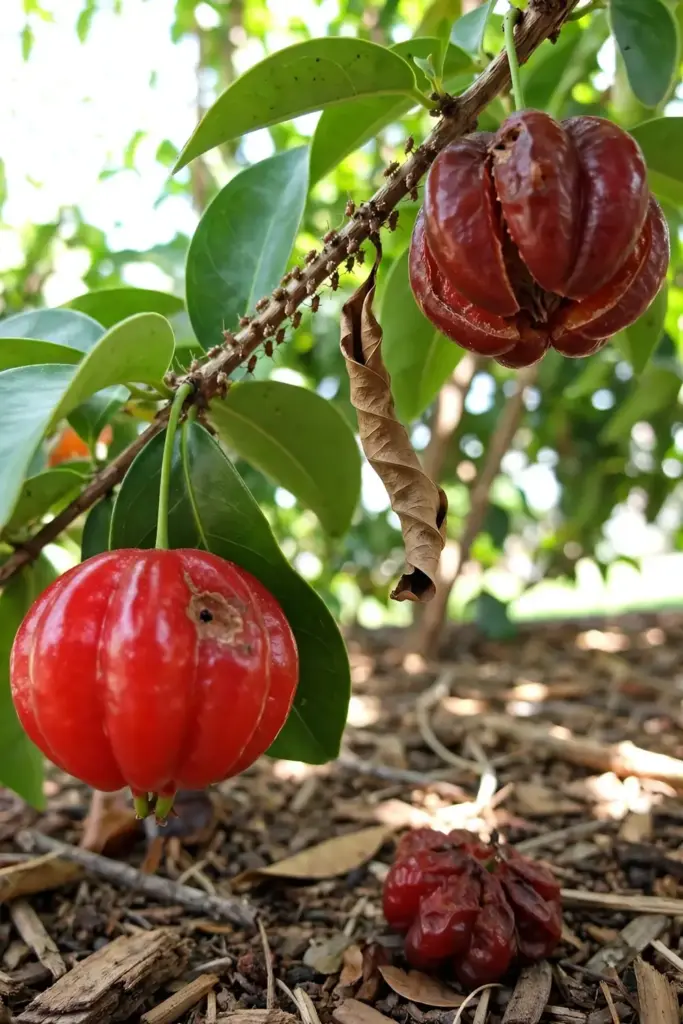 Fruit fly sting damage on a ripe ribbed Surinam cherry fruit