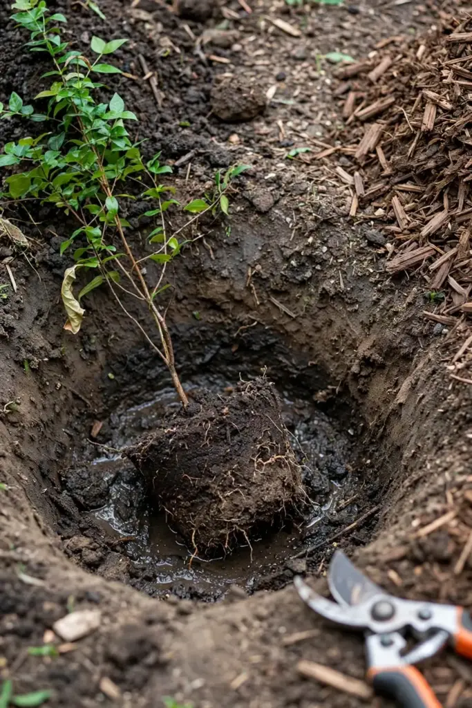 Young Surinam cherry tree planted with root ball level in a wide hole