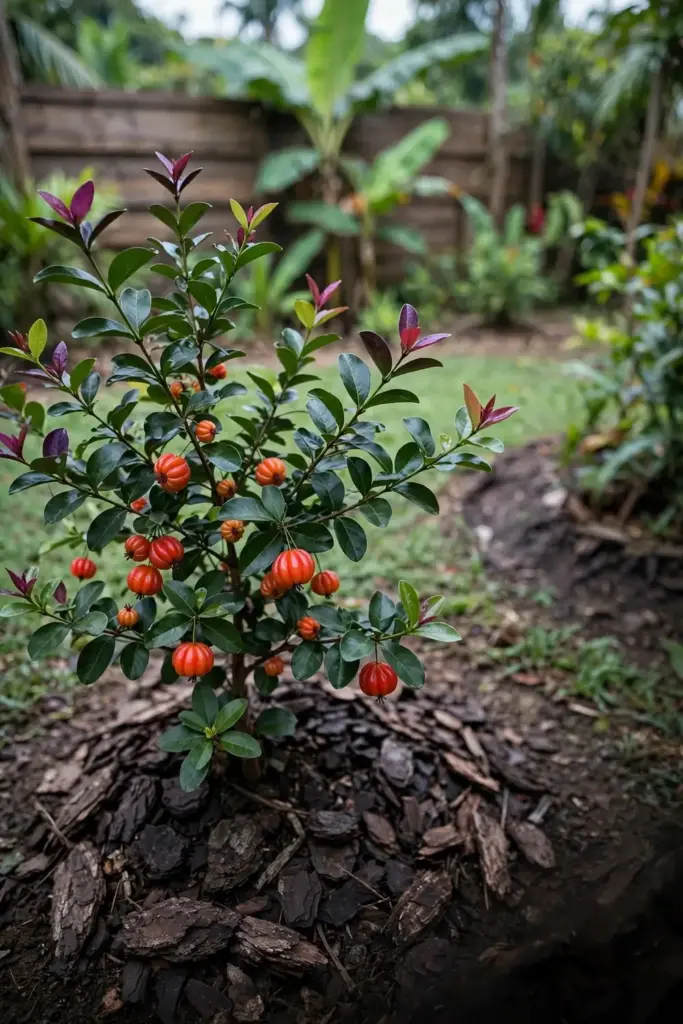 Young Surinam cherry tree in a mulched garden bed with glossy green leaves