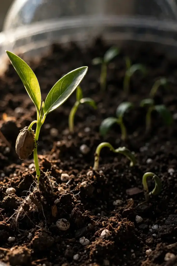 Surinam cherry seedlings sprouting through dark potting soil in a covered pot