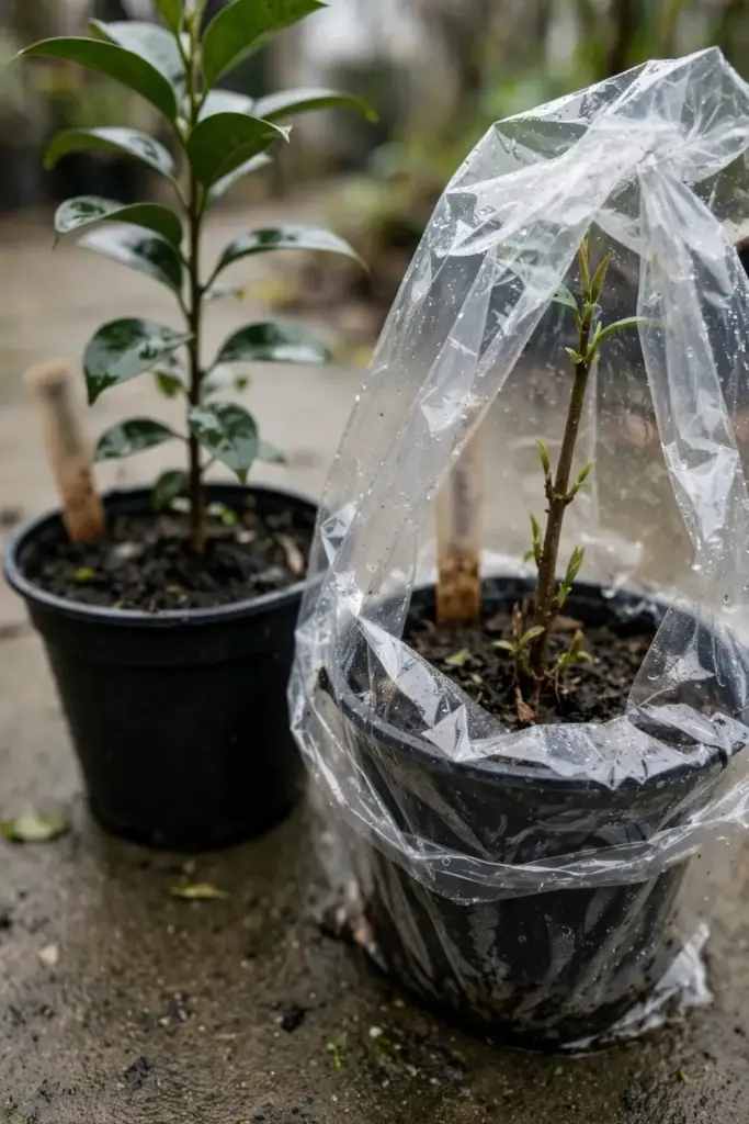 Two pots comparing Surinam cherry grown from seed versus from a cutting