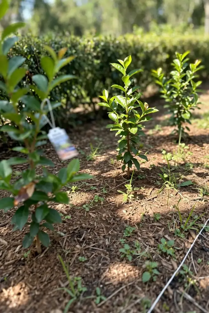 Newly planted Surinam cherry hedge row with wide spacing and mulch