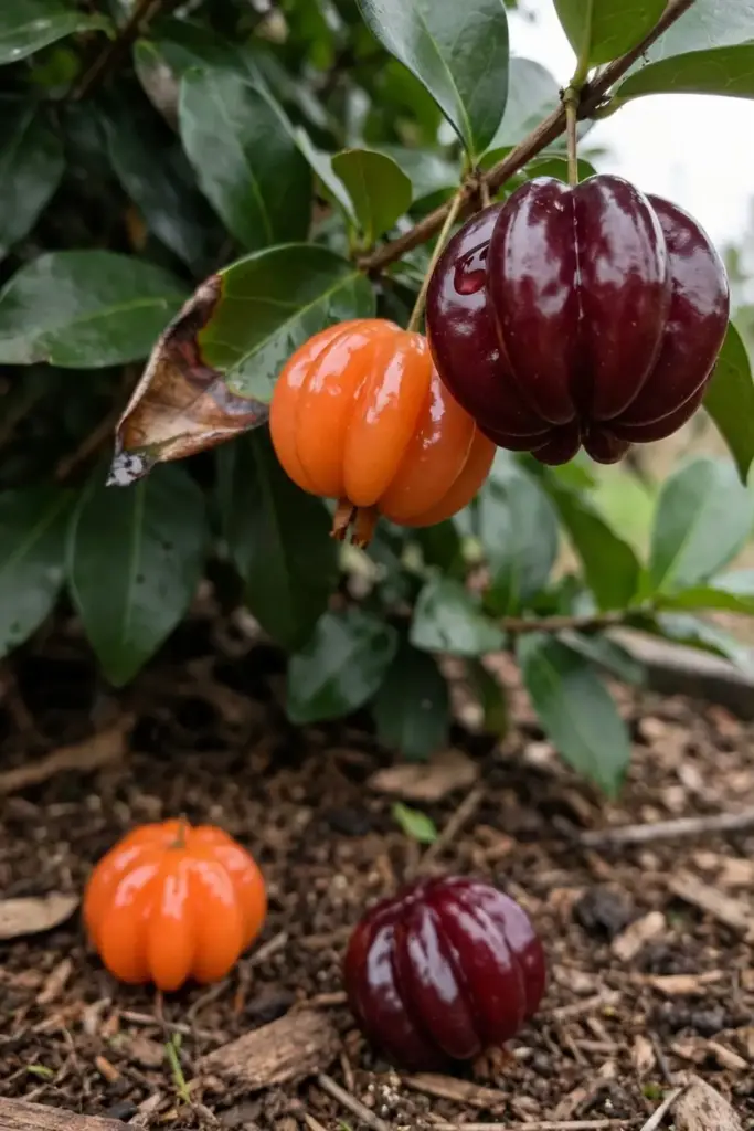 Ripe dark maroon and unripe orange Surinam cherry fruit on the branch
