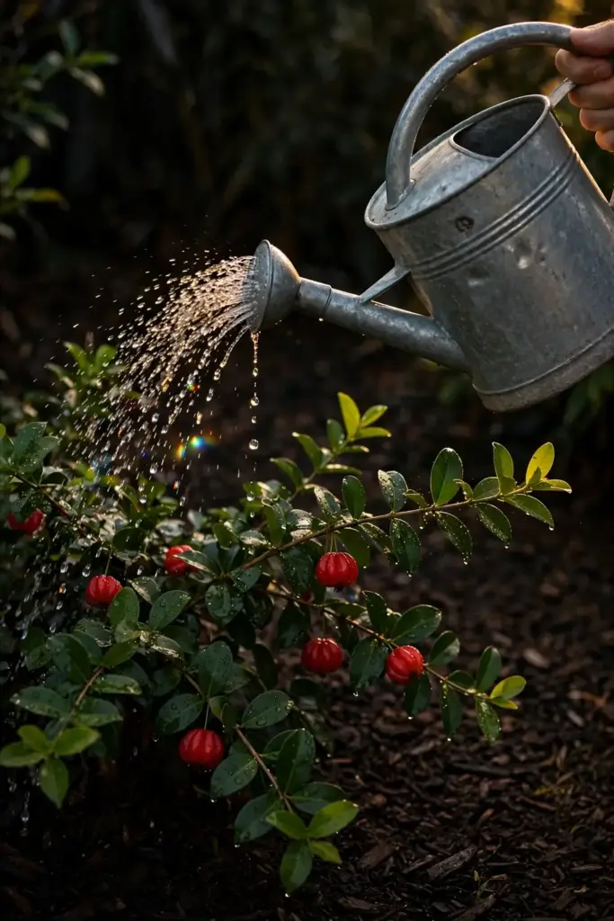 Watering a Surinam cherry shrub at the root zone with a metal watering can