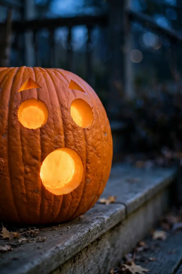 Carved pumpkin with wide round eyes and a perfect round O mouth glowing at dusk