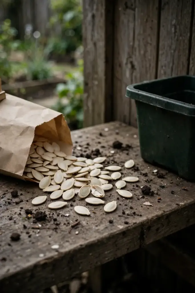 Suspect cucurbit seeds tipped into a garden bin.