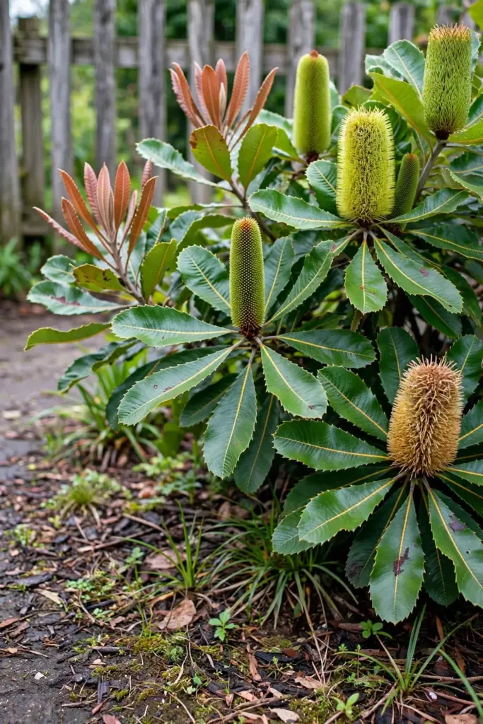 Swamp banksia with broad leathery leaves and lime-green spikes in a damp corner