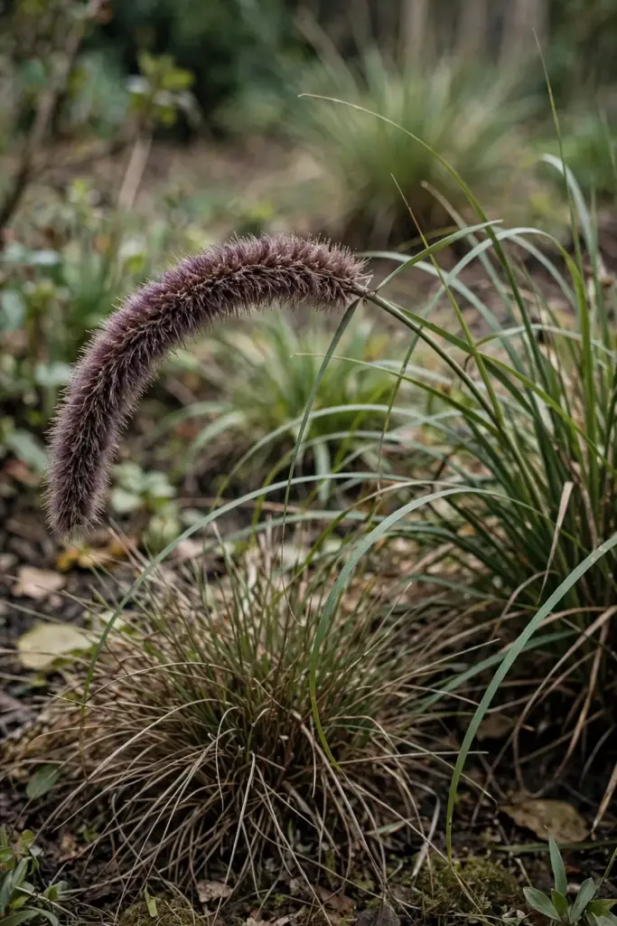 Swamp foxtail grass clump with a purple-brown bottlebrush seed head arching outward