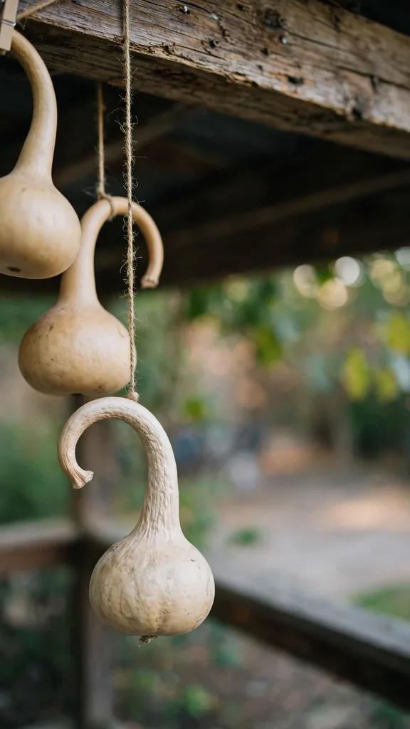 Dried swan gourds with long curved necks hanging from a porch beam