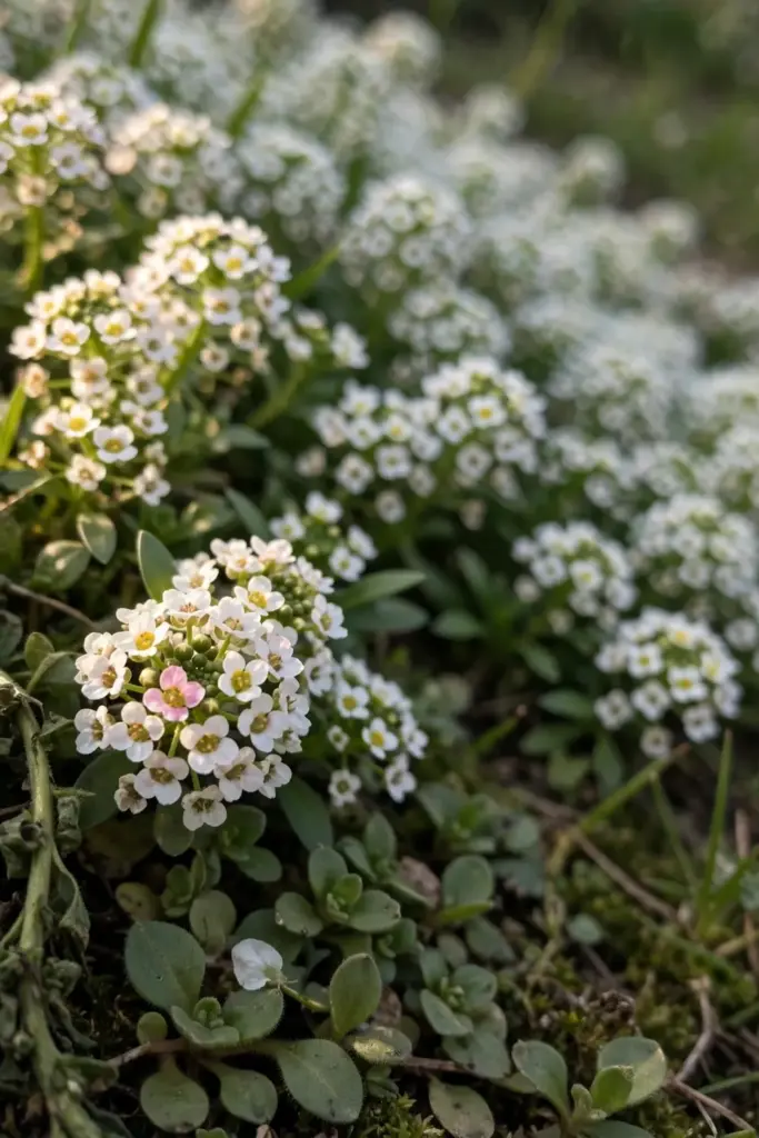 White sweet alyssum carpet with tiny four-petalled blooms