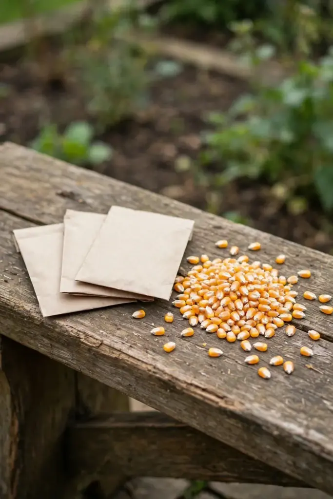 Sweet corn seed packets beside corn kernels on a timber bench