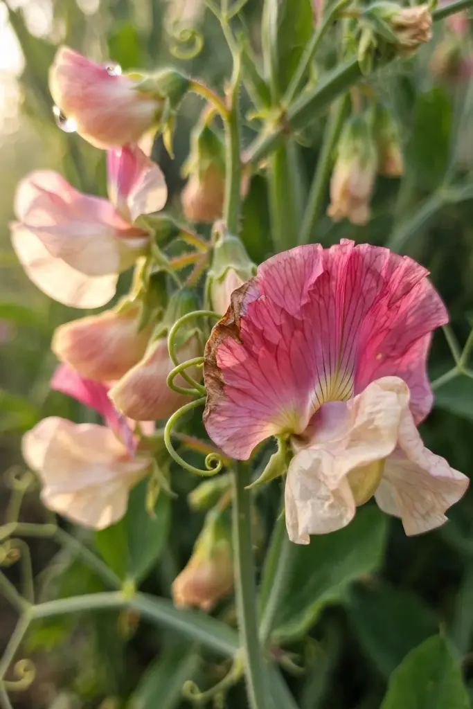 Ruffled sweet pea blooms in pink and cream on the vine