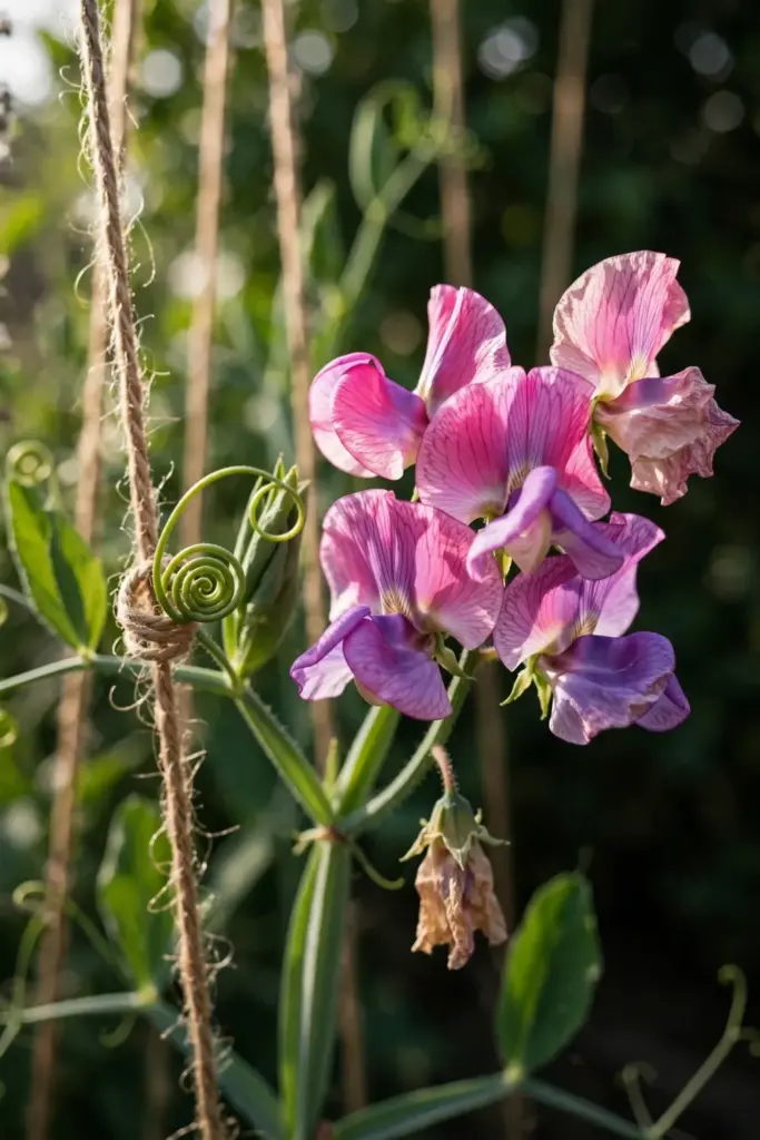 Pink and purple sweet pea blooms climbing a twine trellis