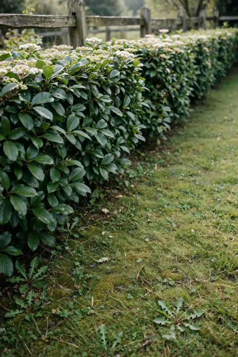 Clipped sweet viburnum hedge with glossy leaves and white flowers