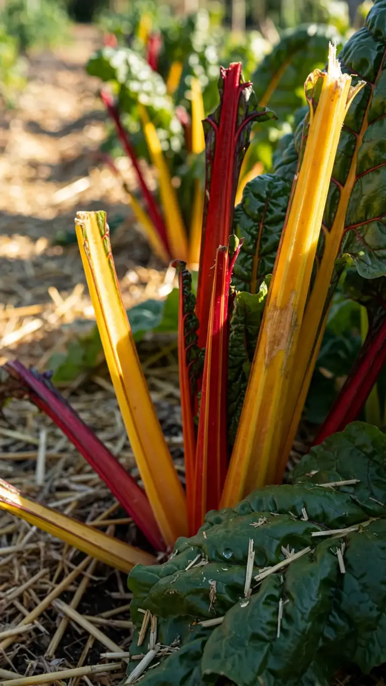 Swiss chard with ruby and gold stems in a mulched row