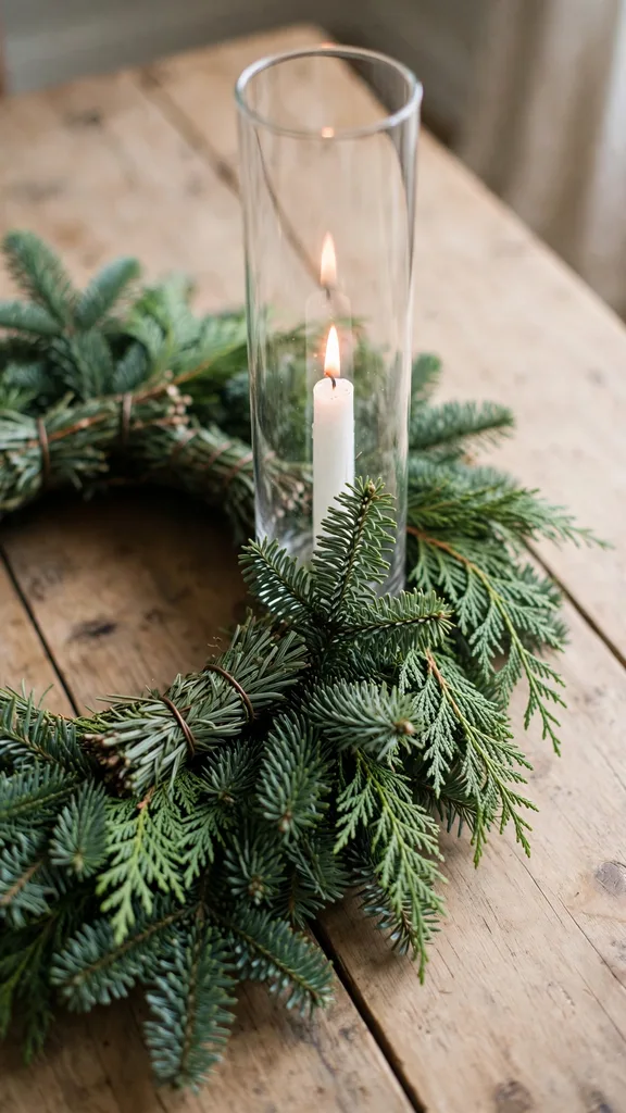 A flat table wreath with a tall glass candle holder standing in its center