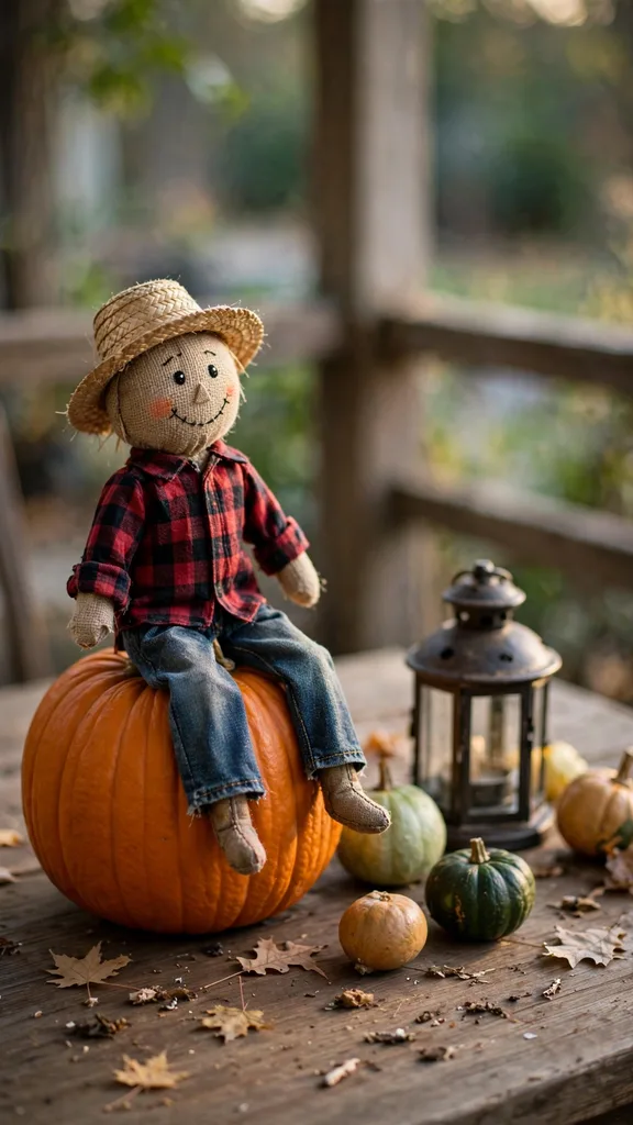 A small tabletop scarecrow sitter perched on a pumpkin on a table