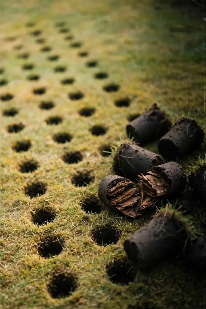 Aeration cores scattered on a lawn after core aeration.