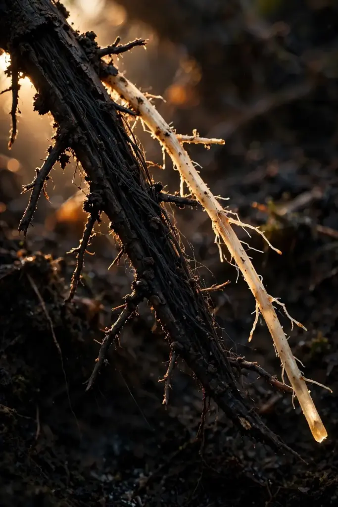 Black rotted turf roots with dark fungal strands running along a stolon.