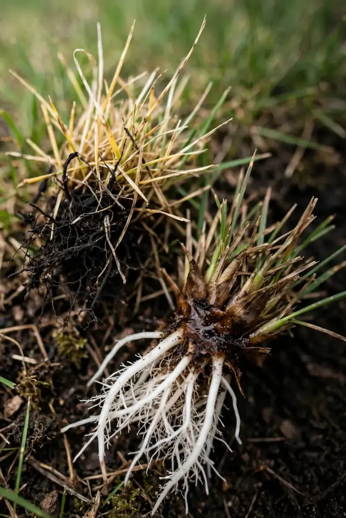Two turf plugs side by side, one with rotted roots and one with rotted leaf bases.