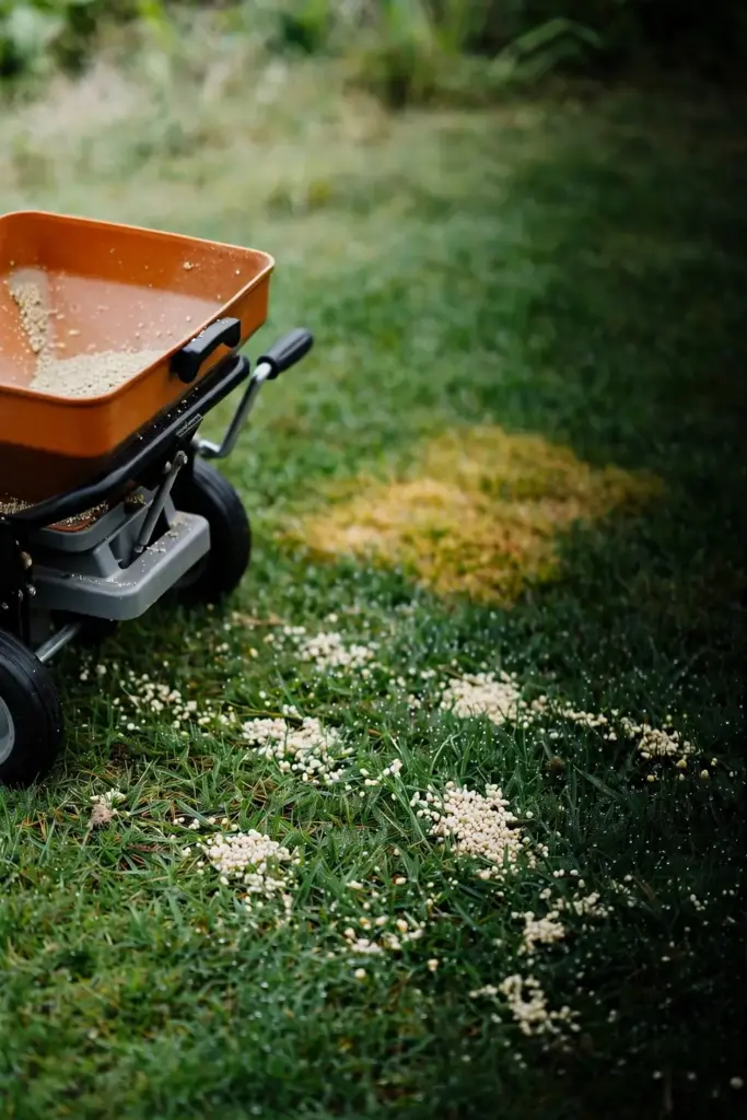 Broadcast spreader standing on a lawn beside a fertilizer trail.
