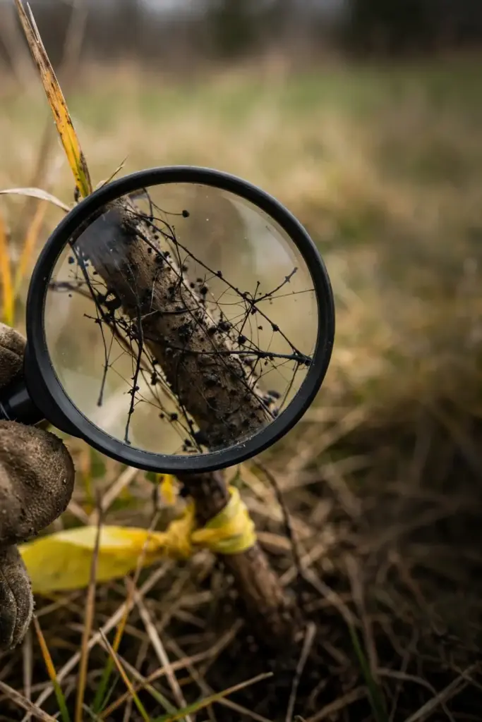 Magnifier enlarging a stolon with black fungal strands.