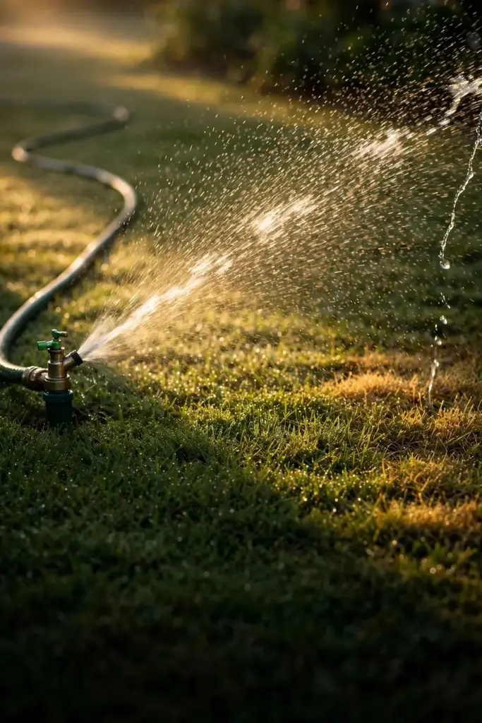 Morning sprinkler arc watering a lawn in low golden light.