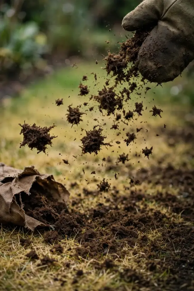 Worn garden mitt scattering dark sphagnum peat moss over a yellow patch.
