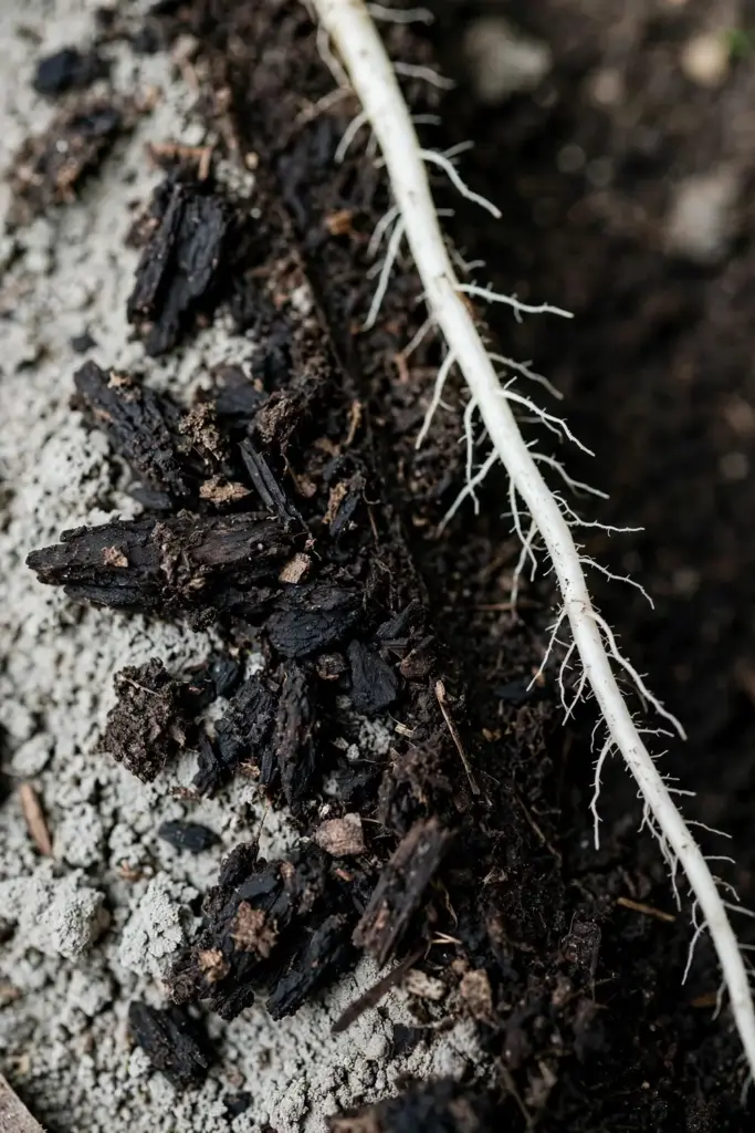 Rotted black turf roots beside long white healthy roots in dark soil.